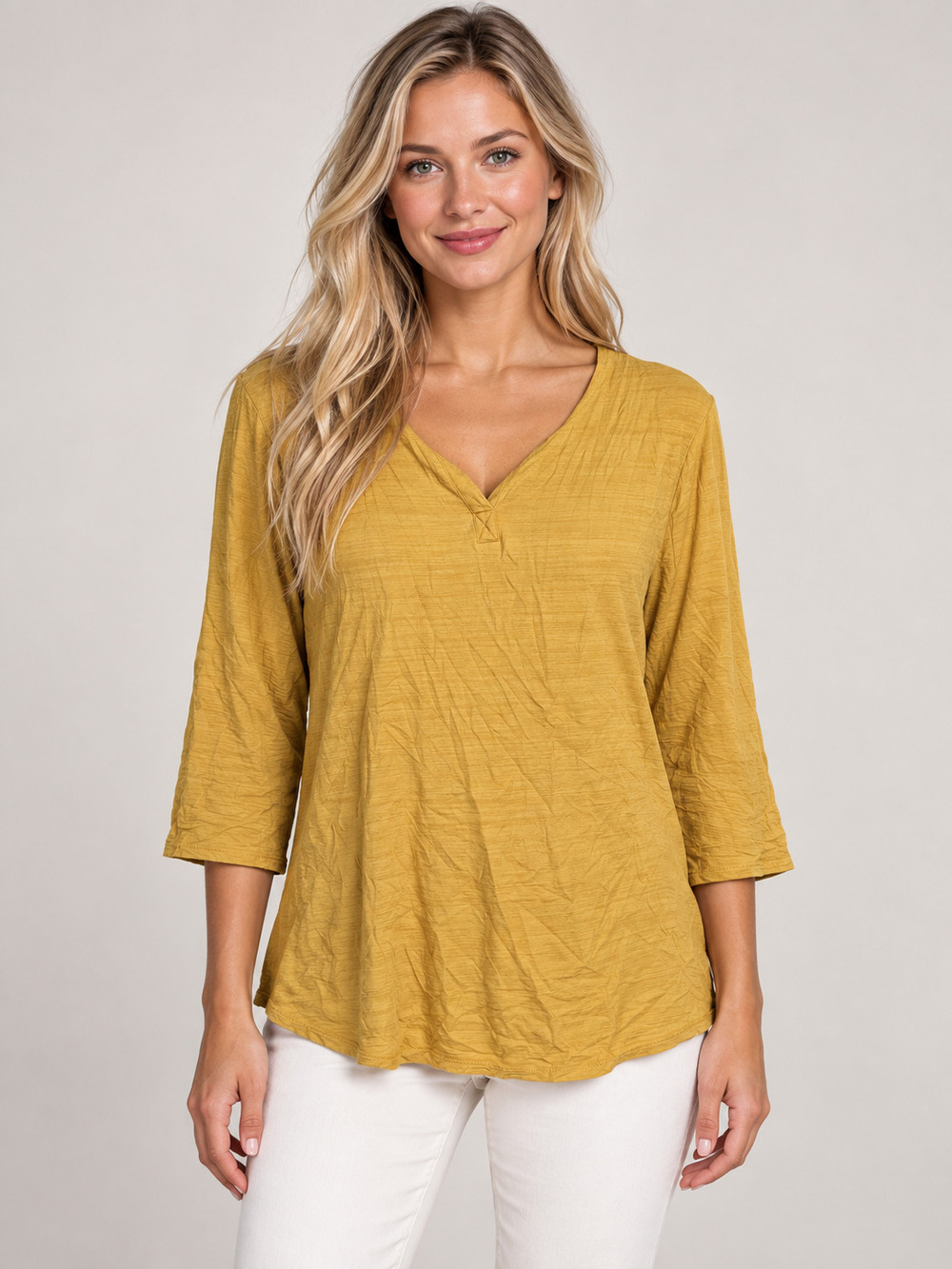 2/$30 Chico's Mustard Lyocell Stretch V Neck Top XL #A4922